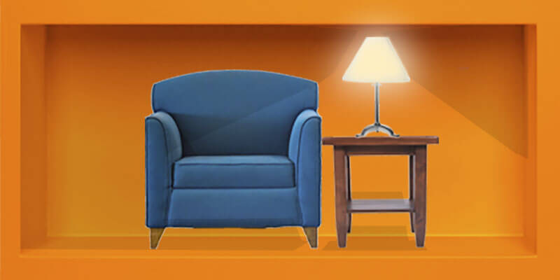 There is a table with lamp on it next to a chair, the lamp turns on when you hover over the box with your mouse. If you hover over it there is another orange box next to it that says: 'Do I really need an attorney?' There is a video link to the answer.