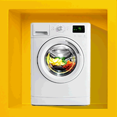 There is a washing machine and the clothes inside the washer are rotating. And when you hover over it, there is another yellow box popping up above that says: 'What are the types of mortgages?' There is also a video link to the answer.